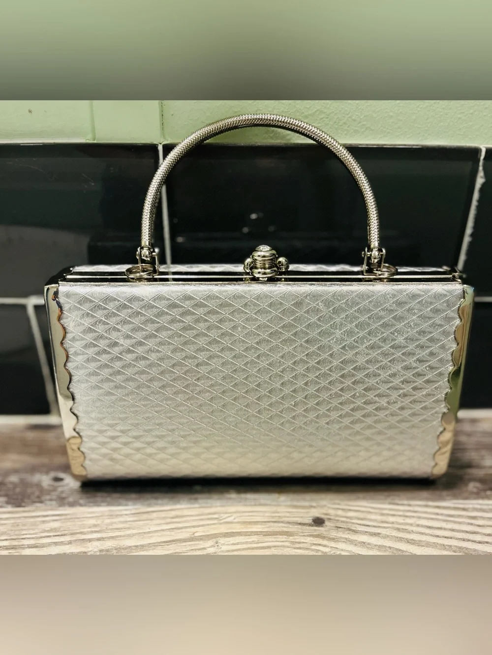 Selini Silver Textured Top-Handle Evening Clutch